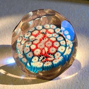 Millefiori Art Glass  Paperweight Vintage Faceted Glass 2.5”